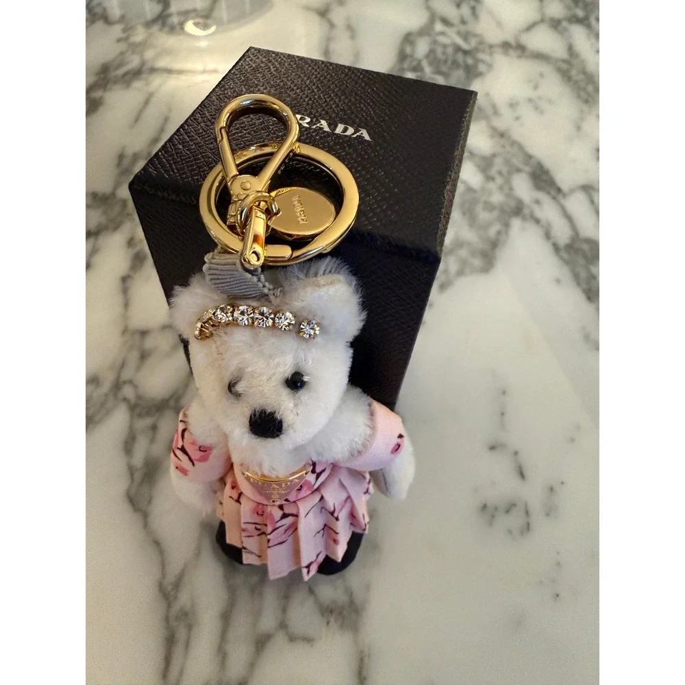 Prada Trick Orsetto Mary Rose Bear Keychain Charm Bianco Pink Floral 1TR046